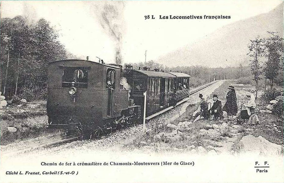 Ferrocarril cremallera de vapor de Montenvers cerca de la Mer de Glace hacia 1910