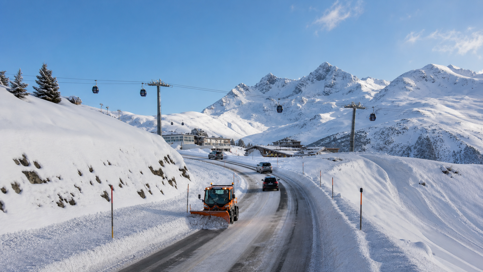 Carretera nevada que llega a una estación de esquí con telecabinas